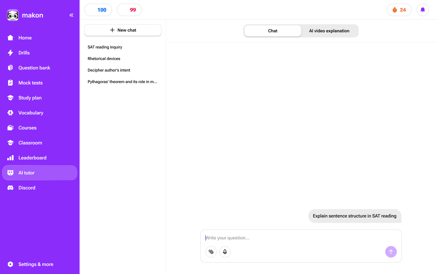 AI Tutor interface